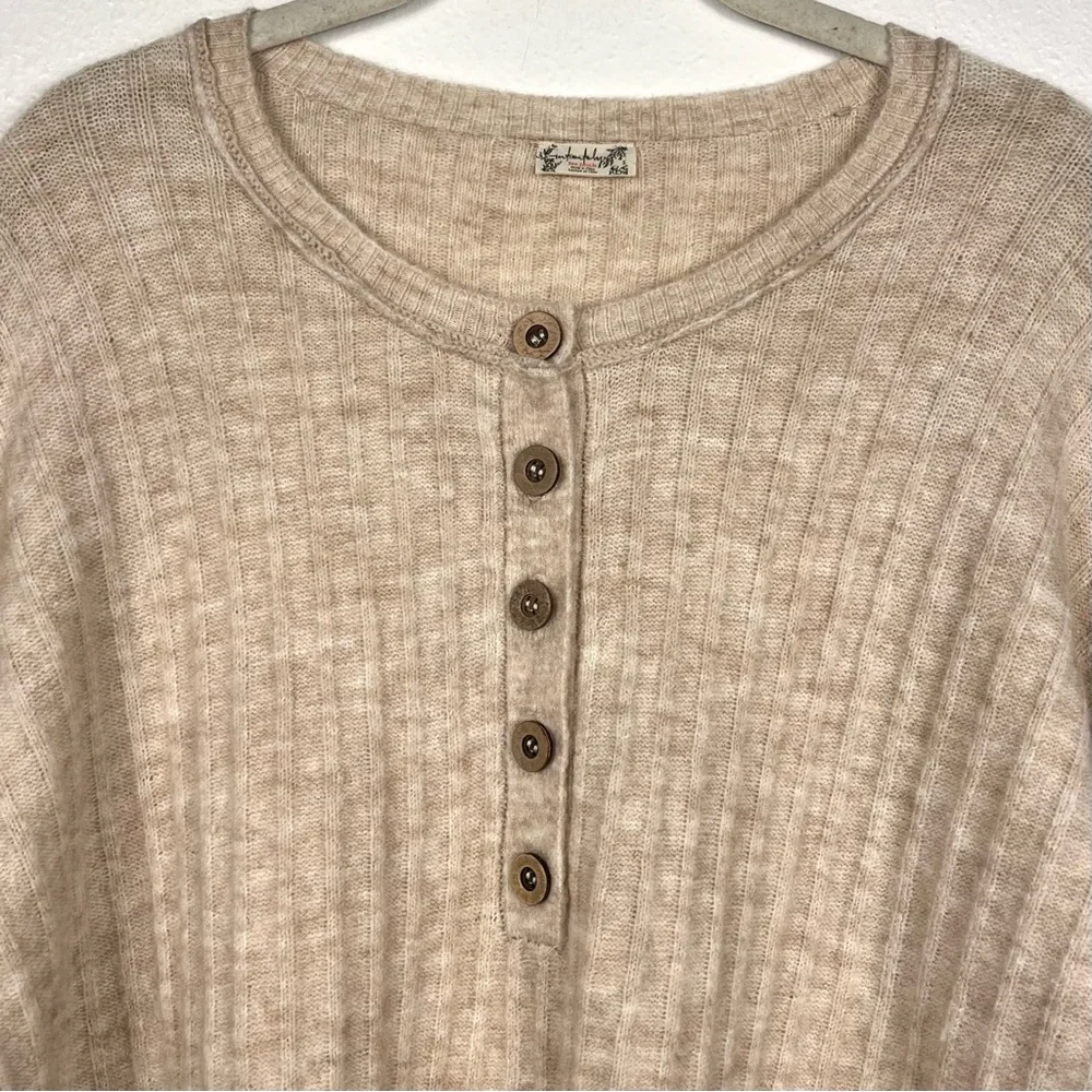 Free People Medium Around The Clock Oversized Henley Tunic Sweater Beige